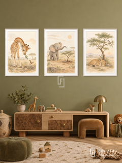 Safari Kindness — set of three complementary kids artworks in White frames, shown at 50×70 cm each.