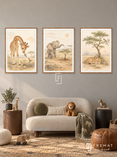 Safari Kindness — set of three complementary kids artworks in Wooden Texture frames, shown at 50×70 cm each.