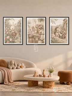 Bunny Flower Studio — set of three complementary kids artworks in Black frames, shown at 50×70 cm each.