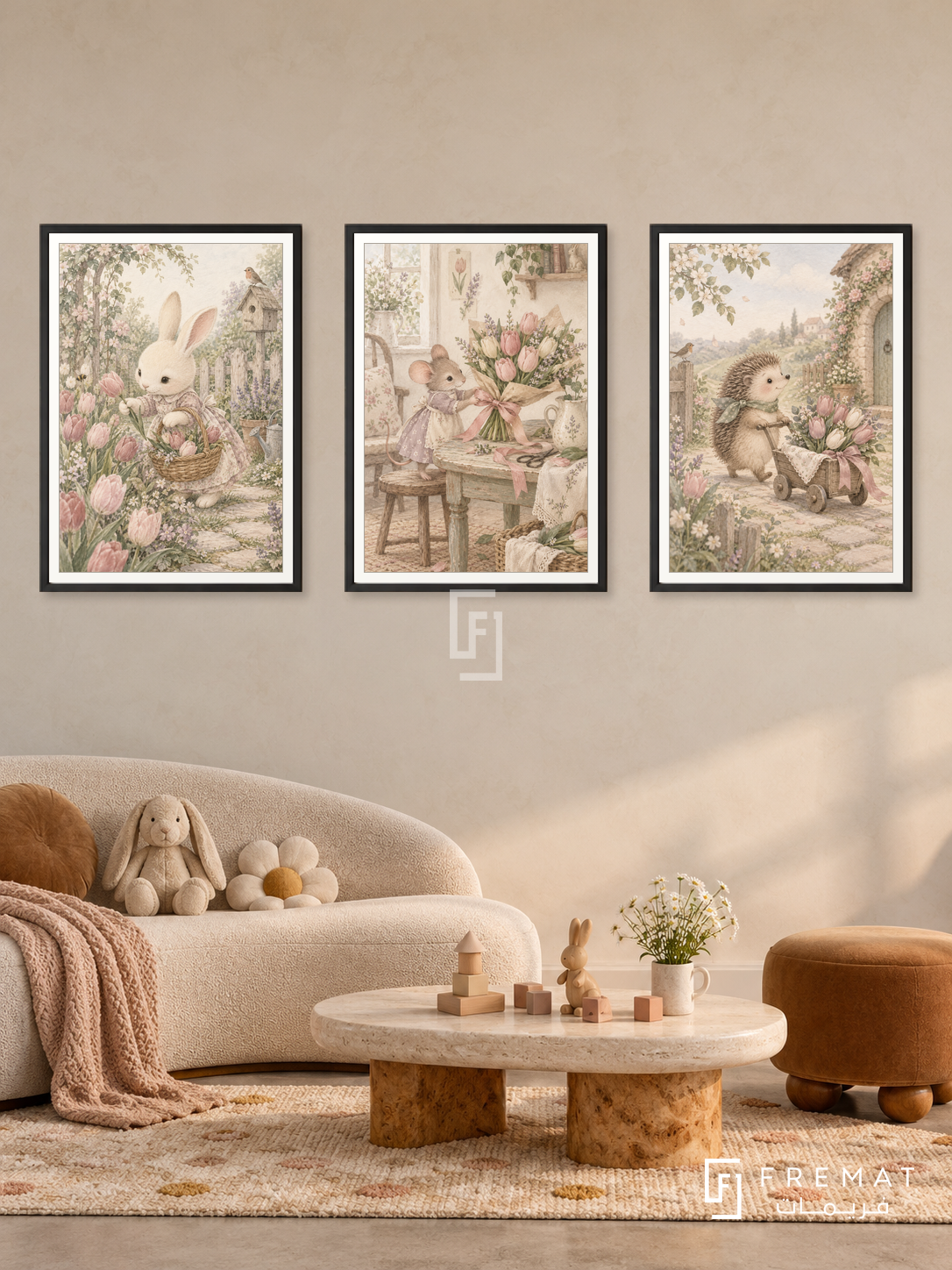Bunny Flower Studio — set of three complementary kids artworks in Black frames, shown at 50×70 cm each.