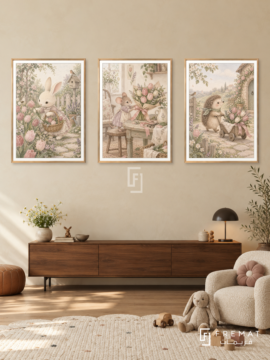 Bunny Flower Studio — set of three complementary kids artworks in Gold frames, shown at 50×70 cm each.