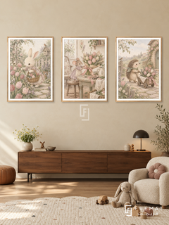 Bunny Flower Studio — set of three complementary kids artworks in Gold frames, shown at 50×70 cm each.