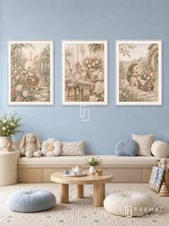Bunny Flower Studio — set of three complementary kids artworks in White frames, shown at 50×70 cm each.