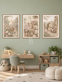 Bunny Flower Studio — set of three complementary kids artworks in Wooden Texture frames, shown at 50×70 cm each.
