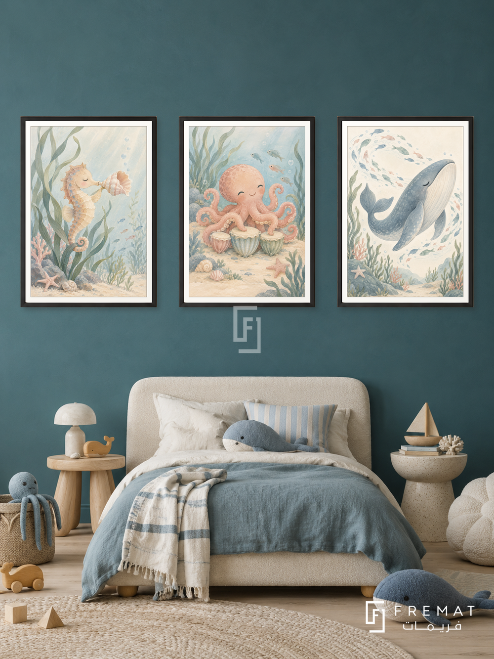 Ocean Orchestra — set of three complementary kids artworks in Black frames, shown at 50×70 cm each.