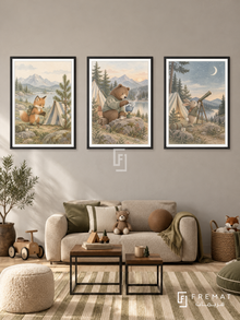 Little Campers — set of three complementary kids artworks in Black frames, shown at 50×70 cm each.