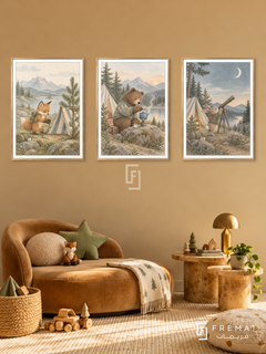 Little Campers — set of three complementary kids artworks in Gold frames, shown at 50×70 cm each.