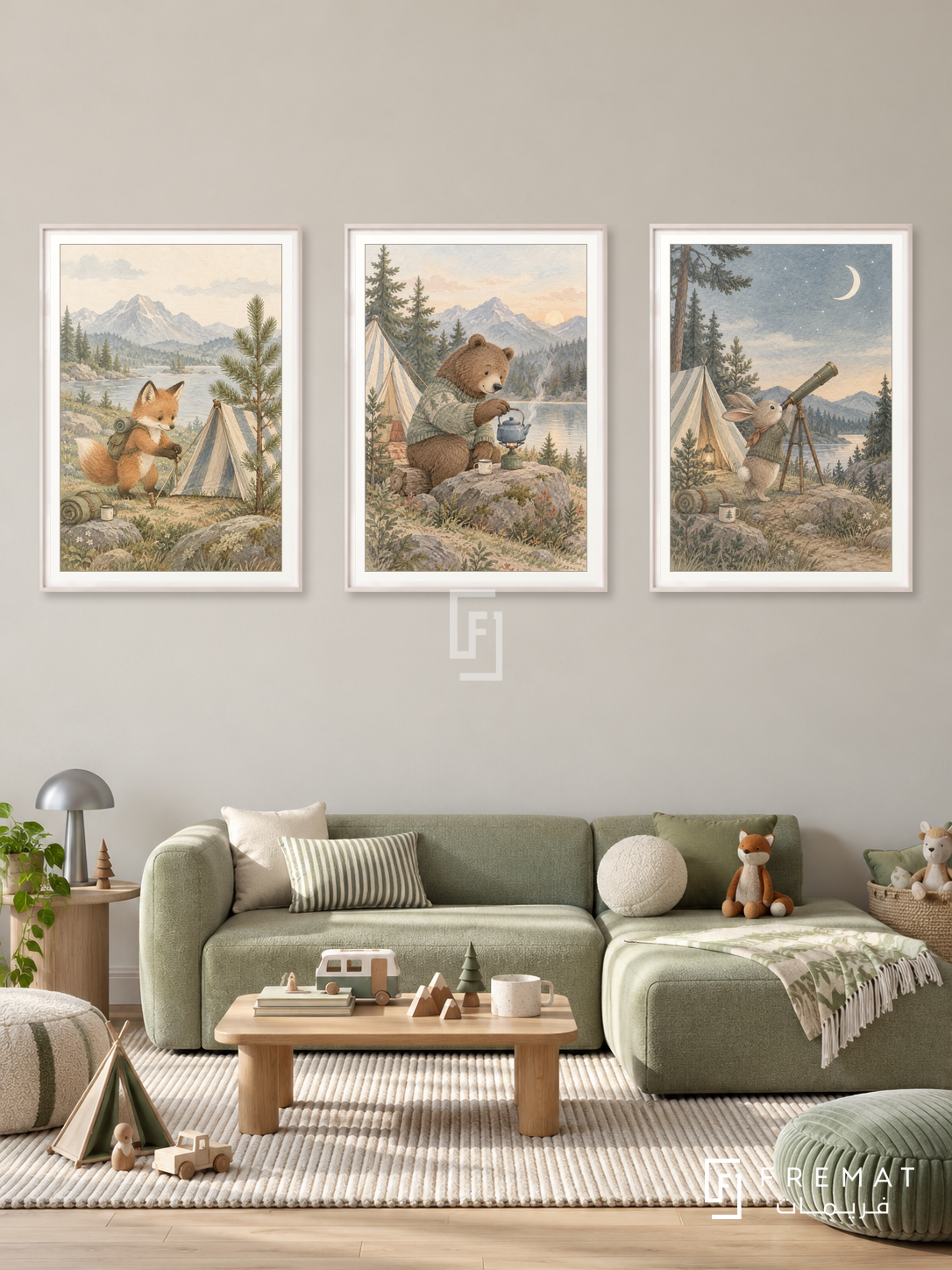 Little Campers — set of three complementary kids artworks in White frames, shown at 50×70 cm each.