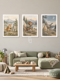 Little Campers — set of three complementary kids artworks in White frames, shown at 50×70 cm each.