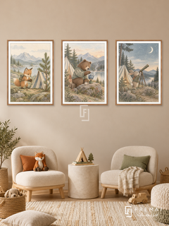 Little Campers — set of three complementary kids artworks in Wooden Texture frames, shown at 50×70 cm each.