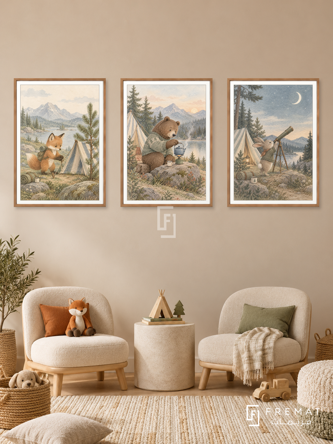 Little Campers — set of three complementary kids artworks in Wooden Texture frames, shown at 50×70 cm each.