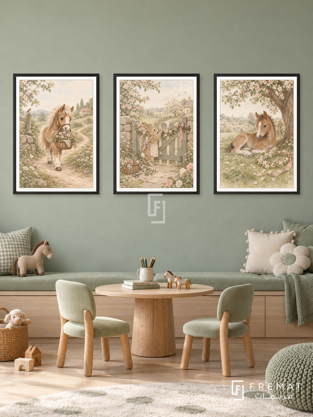 Pony Meadow — set of three complementary kids artworks in Black frames, shown at 50×70 cm each.