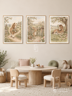 Pony Meadow — set of three complementary kids artworks in Gold frames, shown at 50×70 cm each.