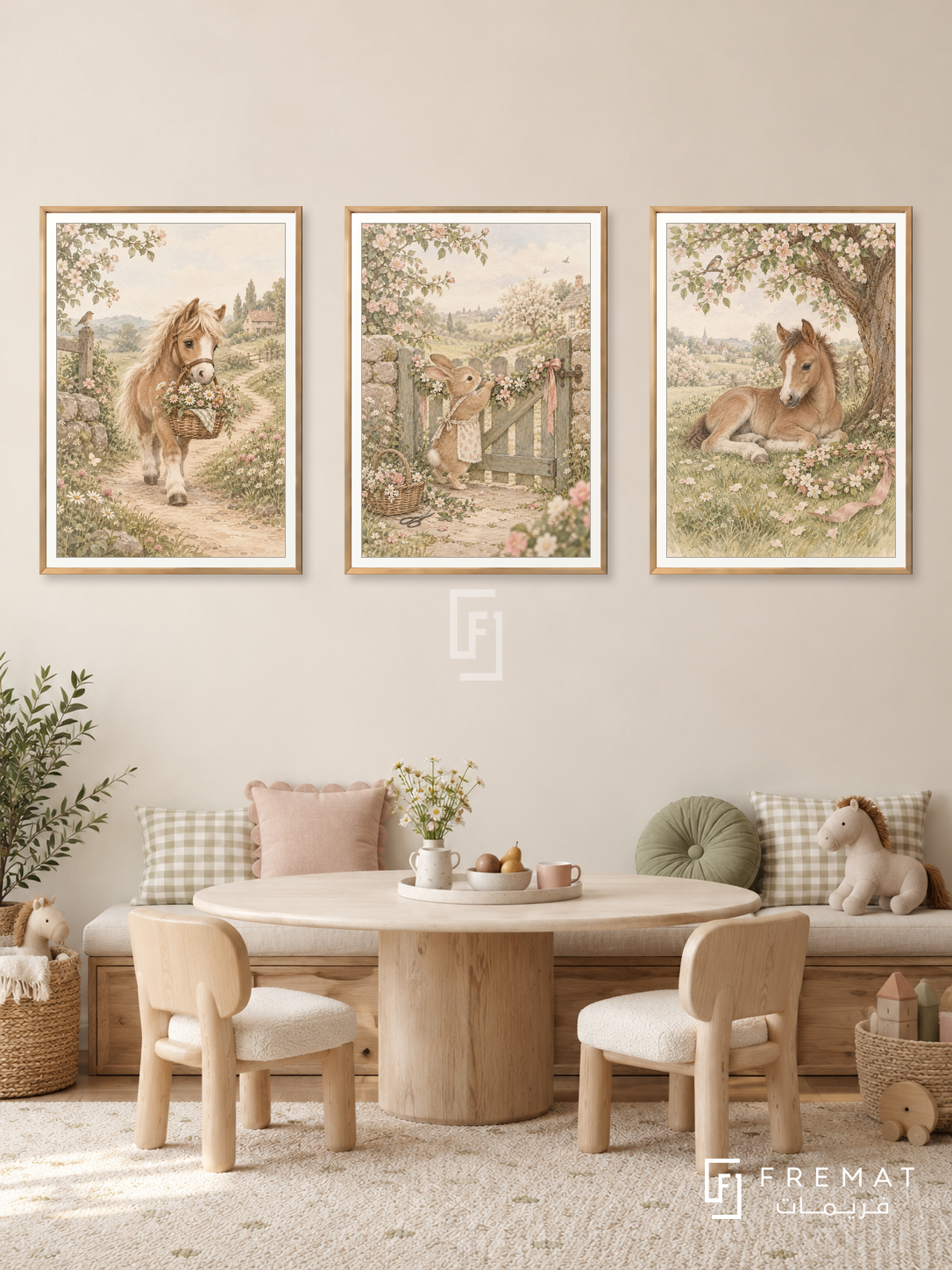 Pony Meadow — set of three complementary kids artworks in Gold frames, shown at 50×70 cm each.