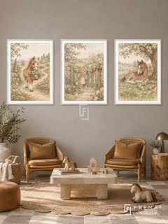 Pony Meadow — set of three complementary kids artworks in White frames, shown at 50×70 cm each.