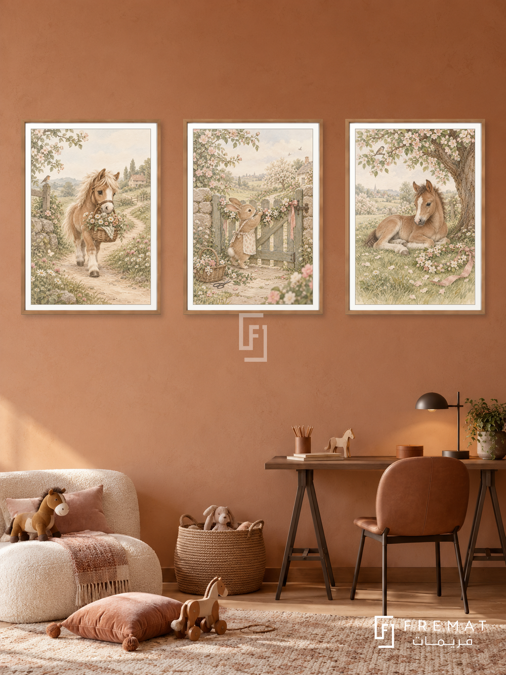 Pony Meadow — set of three complementary kids artworks in Wooden Texture frames, shown at 50×70 cm each.