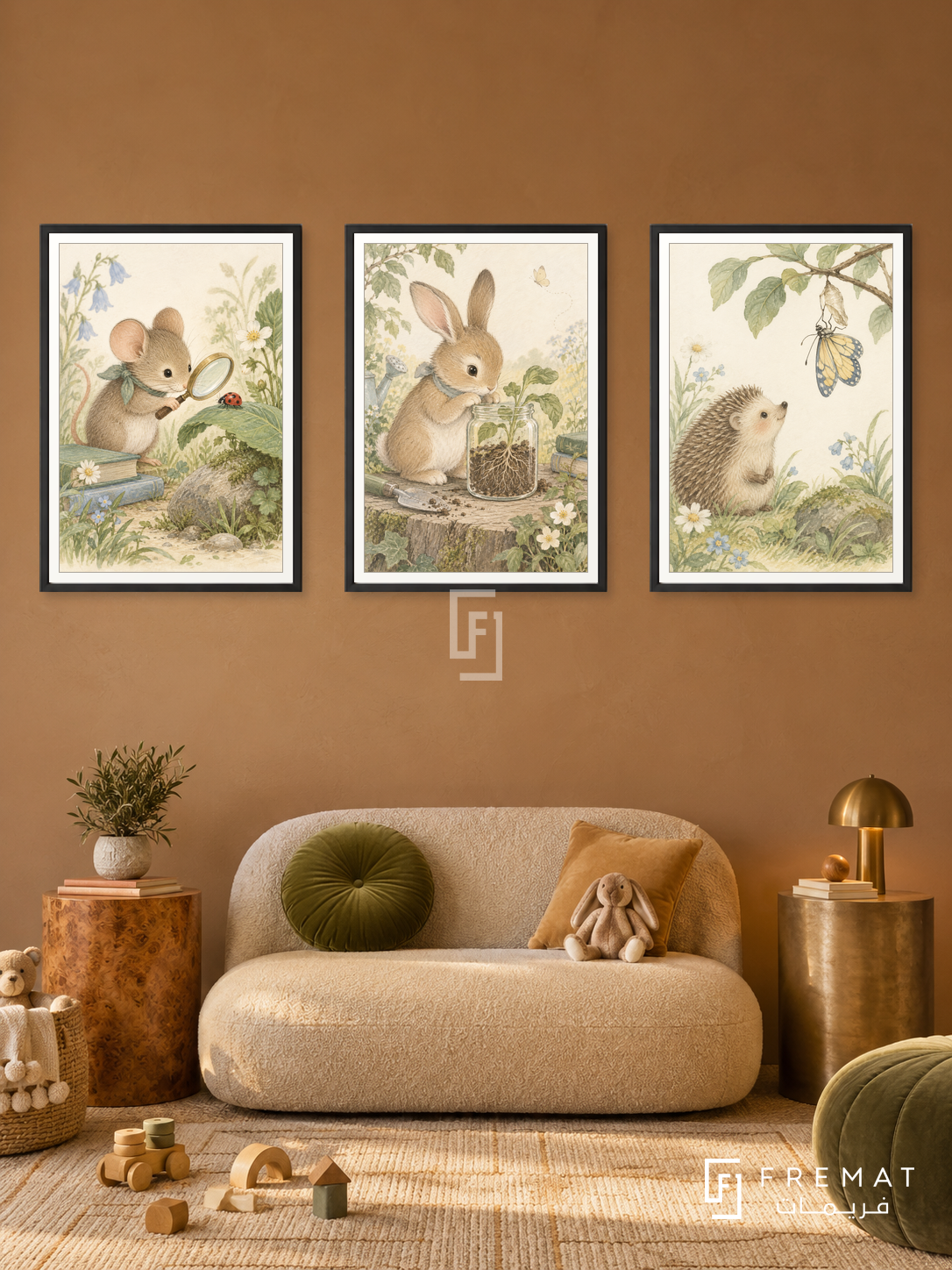 Garden Scientists — set of three complementary kids artworks in Black frames, shown at 50×70 cm each.
