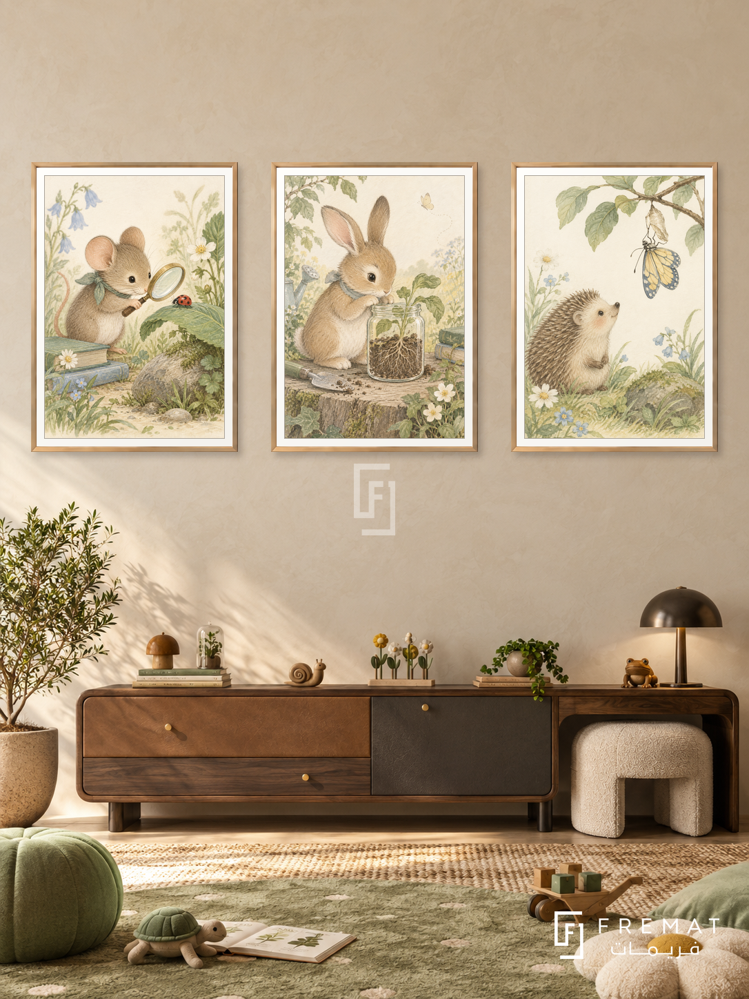 Garden Scientists — set of three complementary kids artworks in Gold frames, shown at 50×70 cm each.