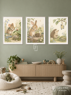 Garden Scientists — set of three complementary kids artworks in White frames, shown at 50×70 cm each.
