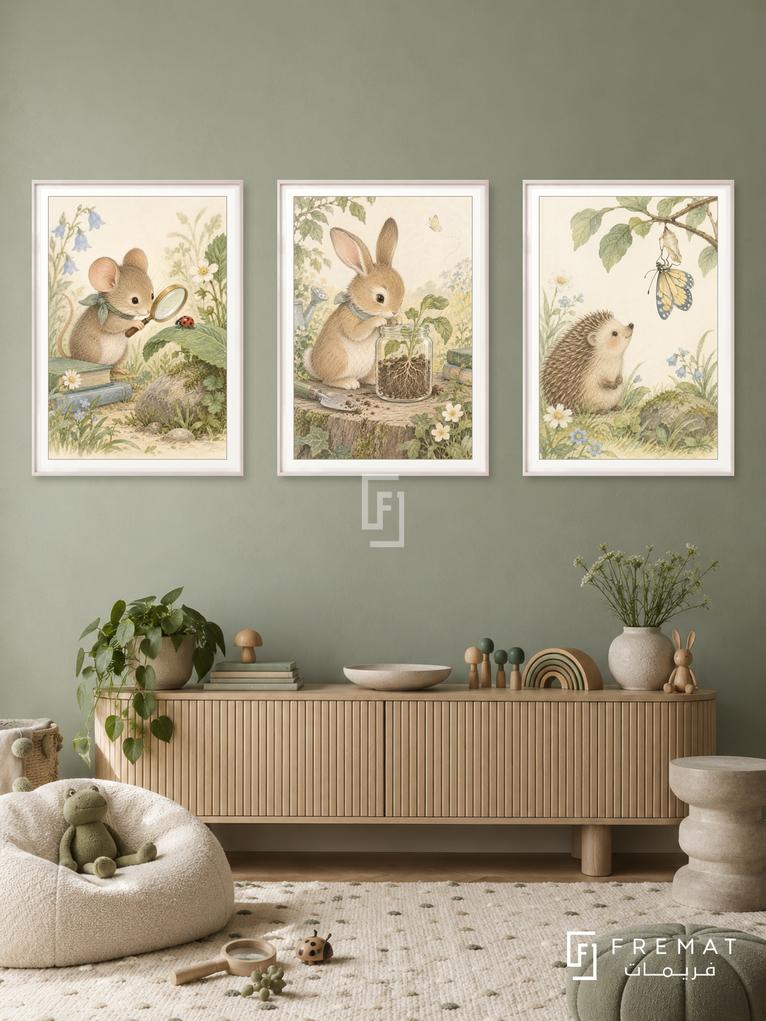 Garden Scientists — set of three complementary kids artworks in White frames, shown at 50×70 cm each.