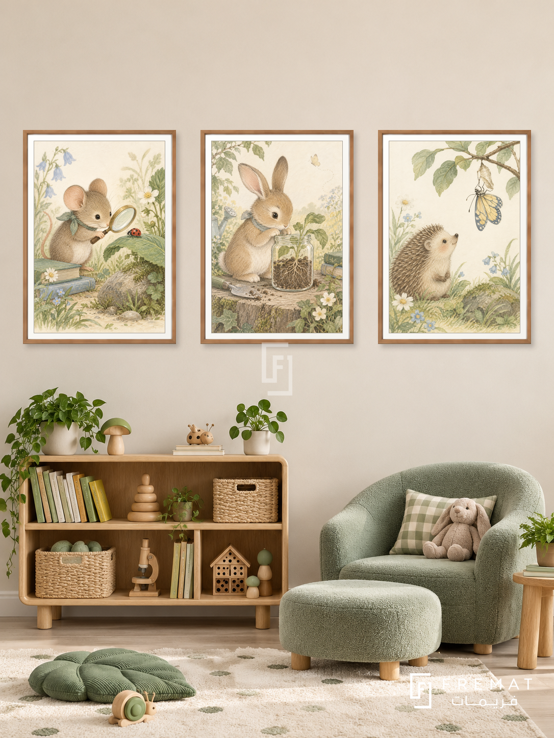 Garden Scientists — set of three complementary kids artworks in Wooden Texture frames, shown at 50×70 cm each.