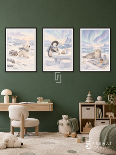 Polar Picnic — set of three complementary kids artworks in Black frames, shown at 50×70 cm each.