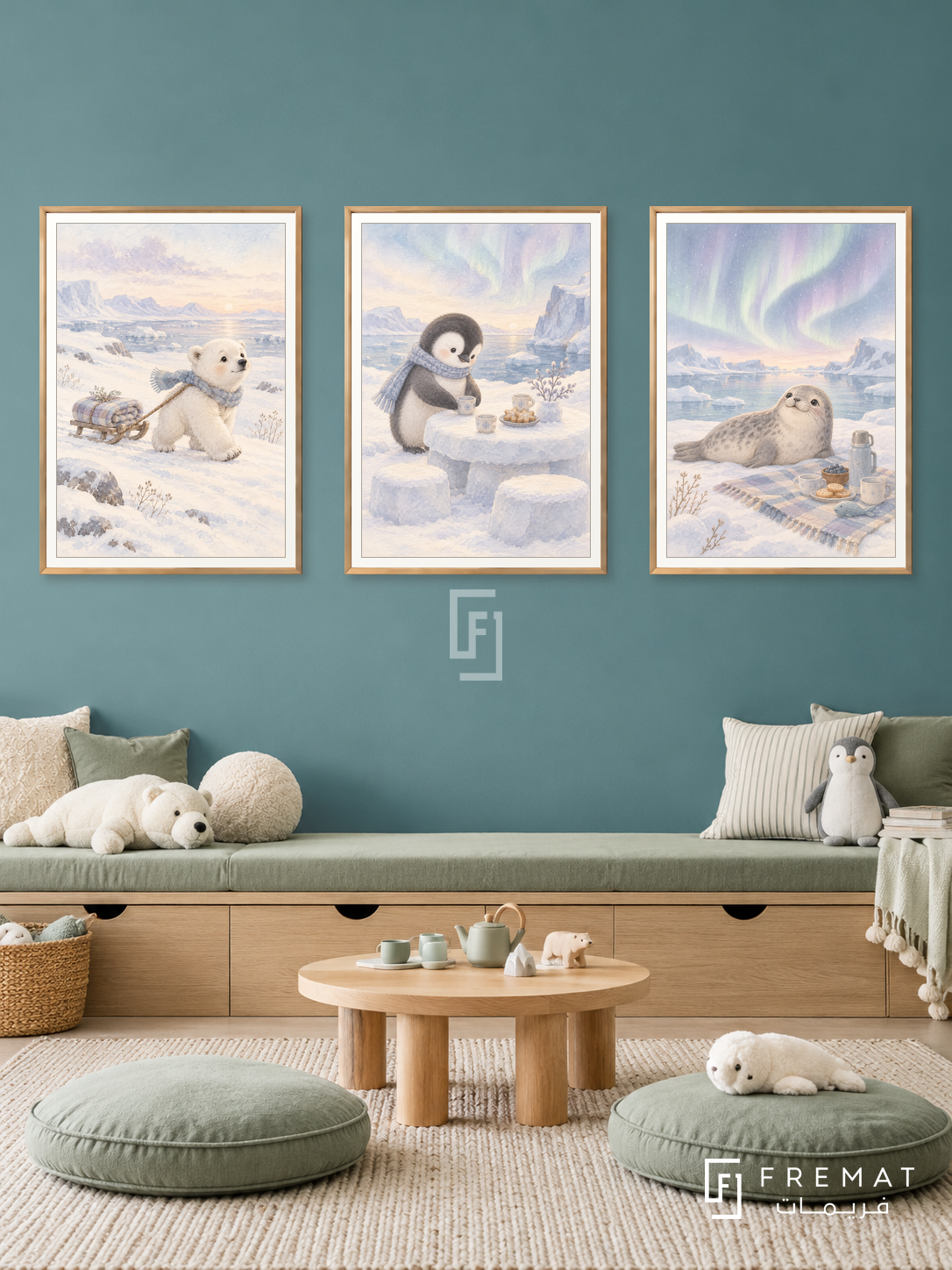 Polar Picnic — set of three complementary kids artworks in Gold frames, shown at 50×70 cm each.