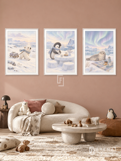 Polar Picnic — set of three complementary kids artworks in White frames, shown at 50×70 cm each.