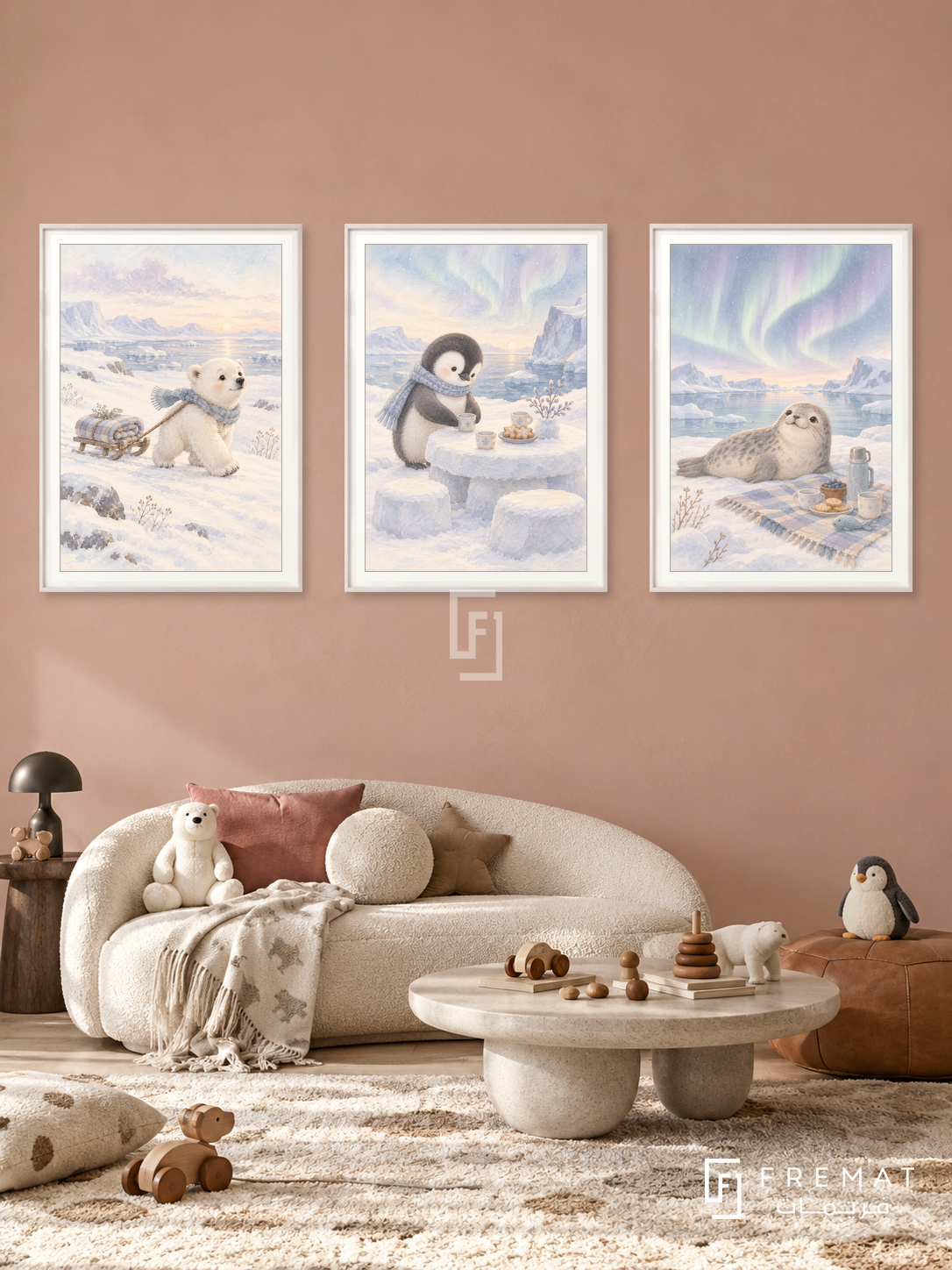 Polar Picnic — set of three complementary kids artworks in White frames, shown at 50×70 cm each.