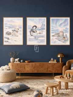 Polar Picnic — set of three complementary kids artworks in Wooden Texture frames, shown at 50×70 cm each.