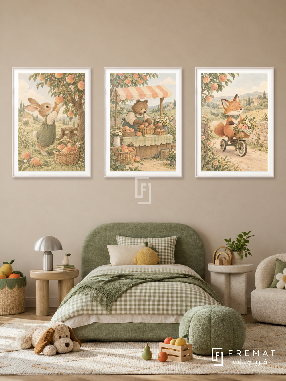 Fruit Market — set of three complementary kids artworks in White frames, shown at 50×70 cm each.