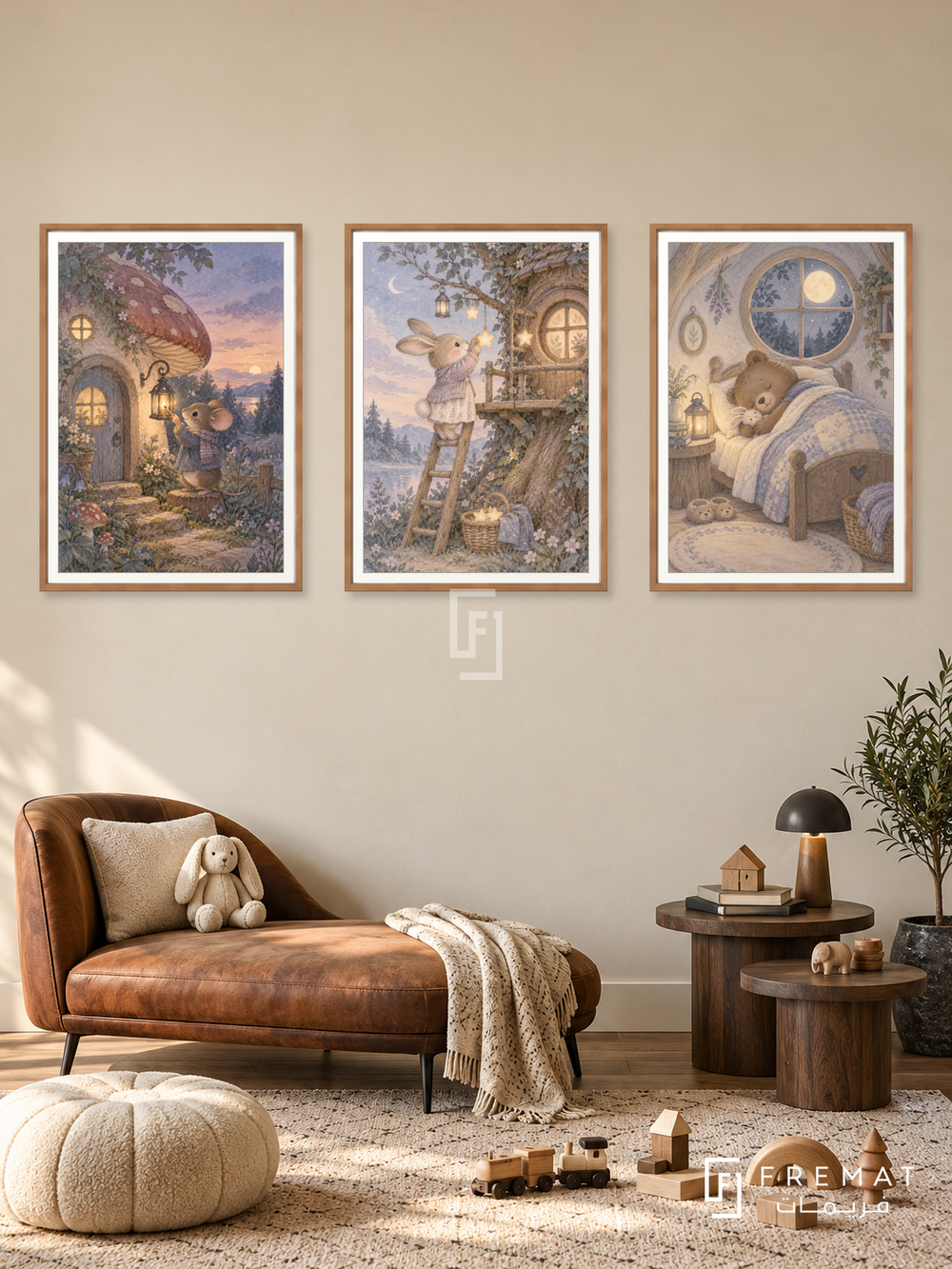 Sleepy Village — set of three complementary kids artworks in Wooden Texture frames, shown at 50×70 cm each.