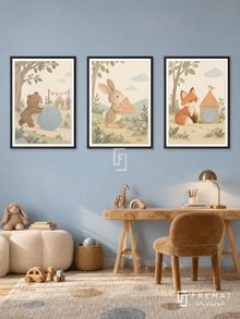Gentle Shapes — set of three complementary kids artworks in Black frames, shown at 50×70 cm each.