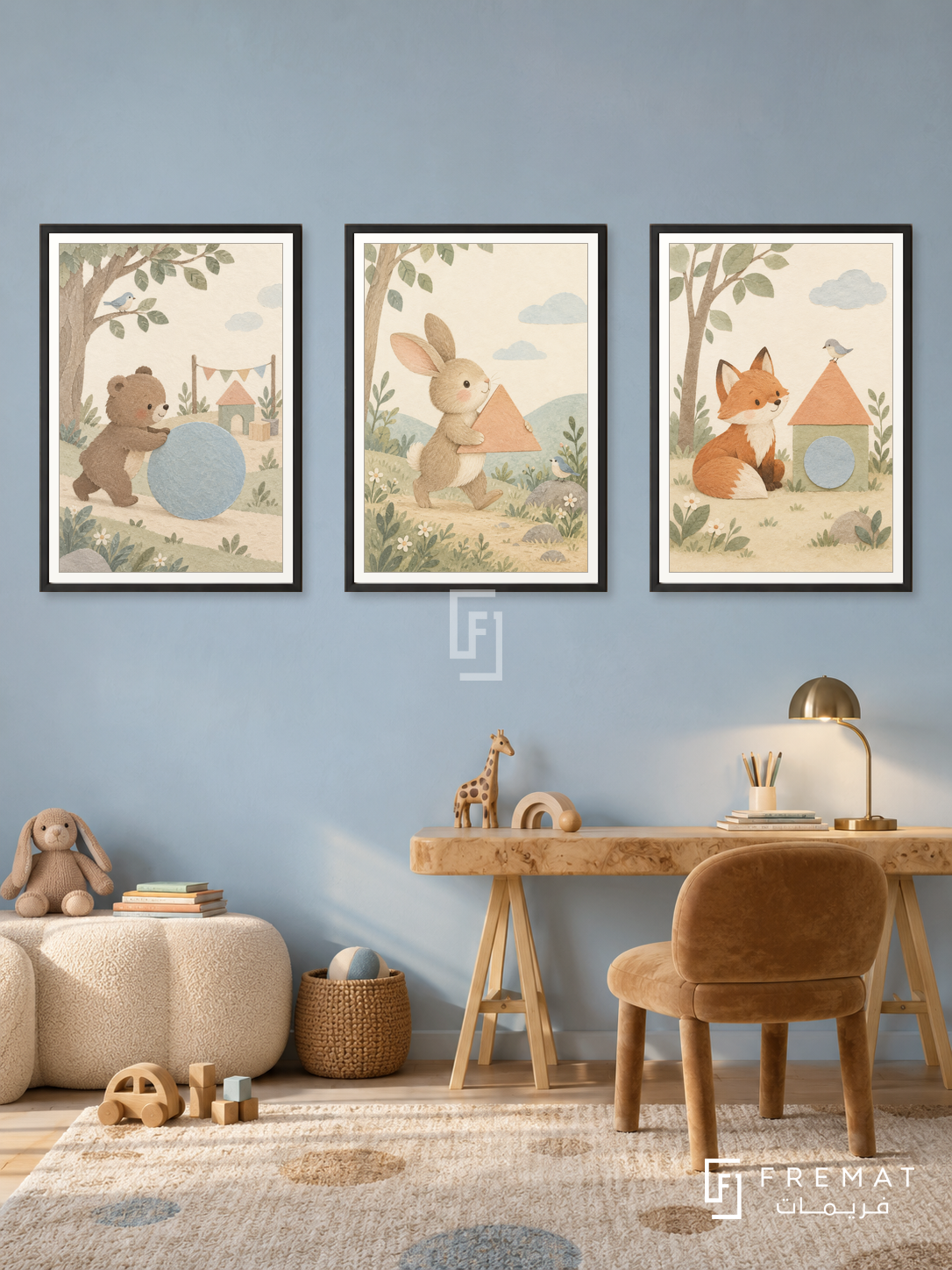 Gentle Shapes — set of three complementary kids artworks in Black frames, shown at 50×70 cm each.