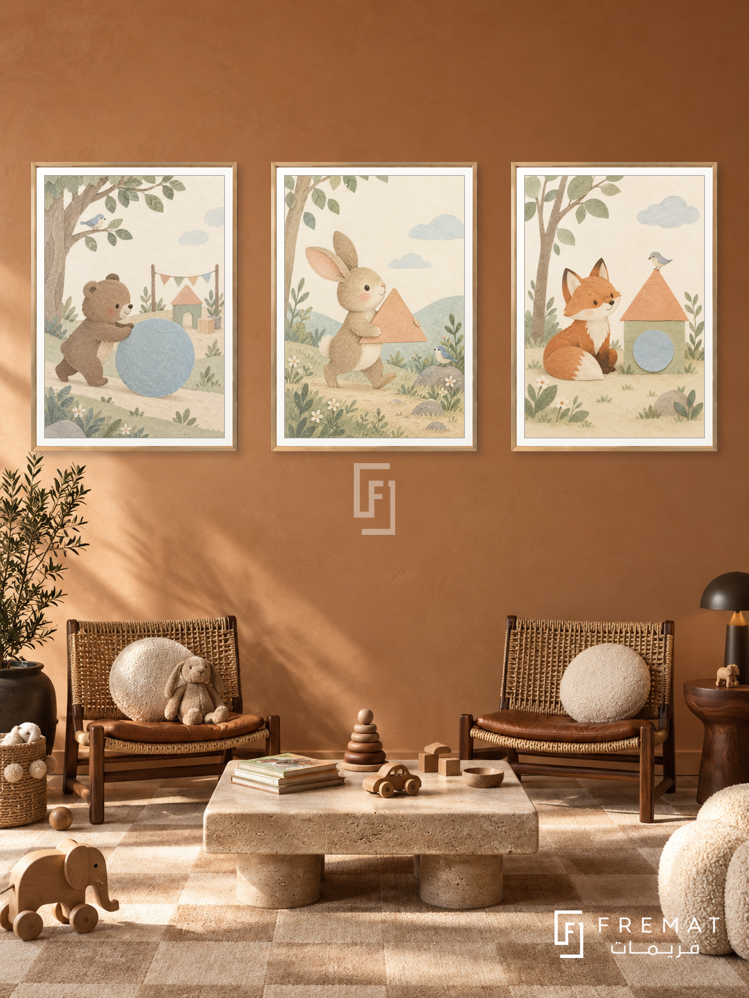Gentle Shapes — set of three complementary kids artworks in Gold frames, shown at 50×70 cm each.