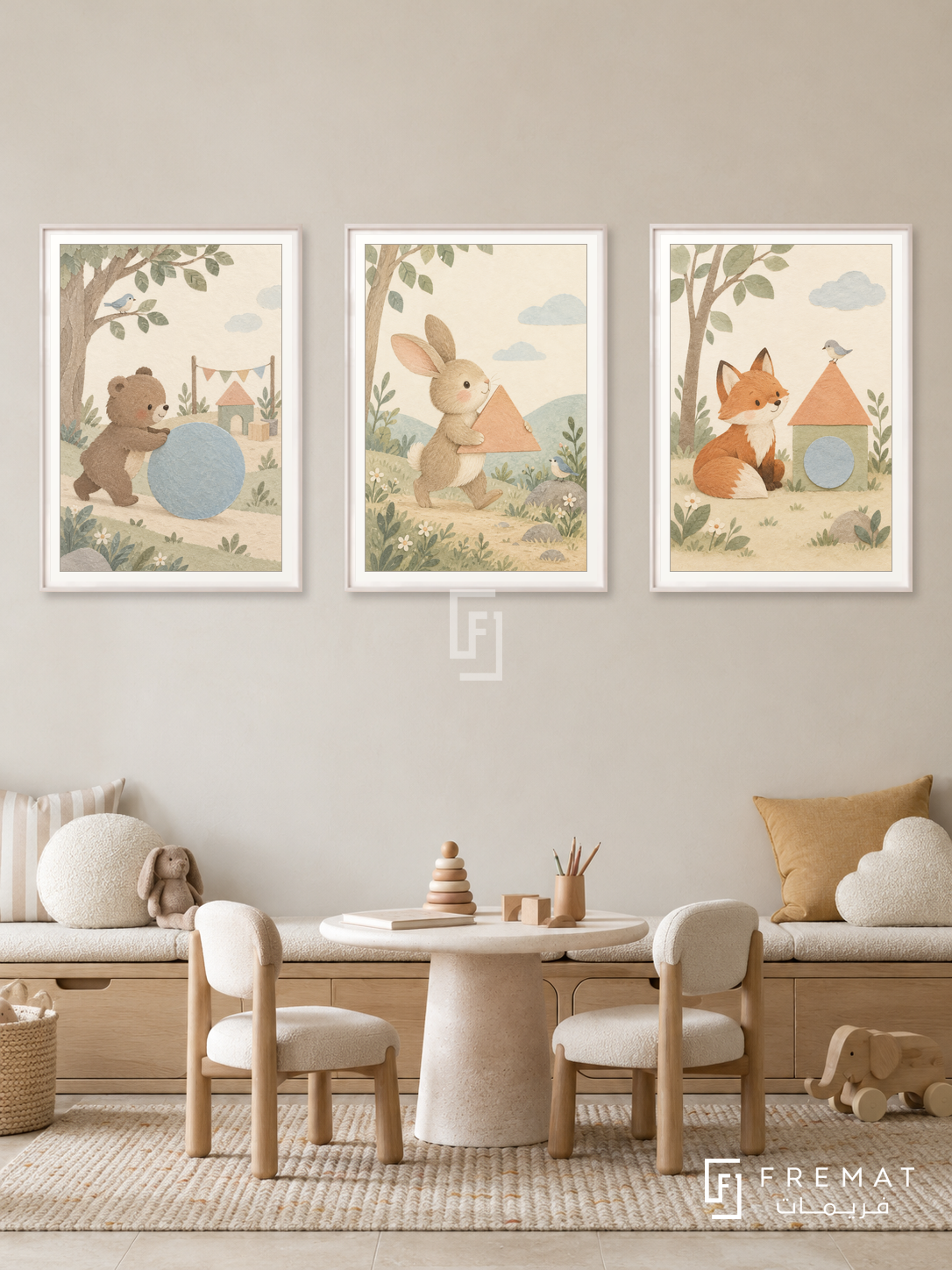 Gentle Shapes — set of three complementary kids artworks in White frames, shown at 50×70 cm each.