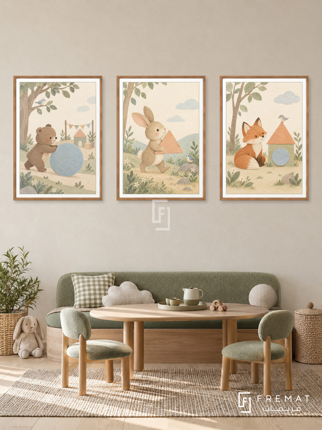Gentle Shapes — set of three complementary kids artworks in Wooden Texture frames, shown at 50×70 cm each.
