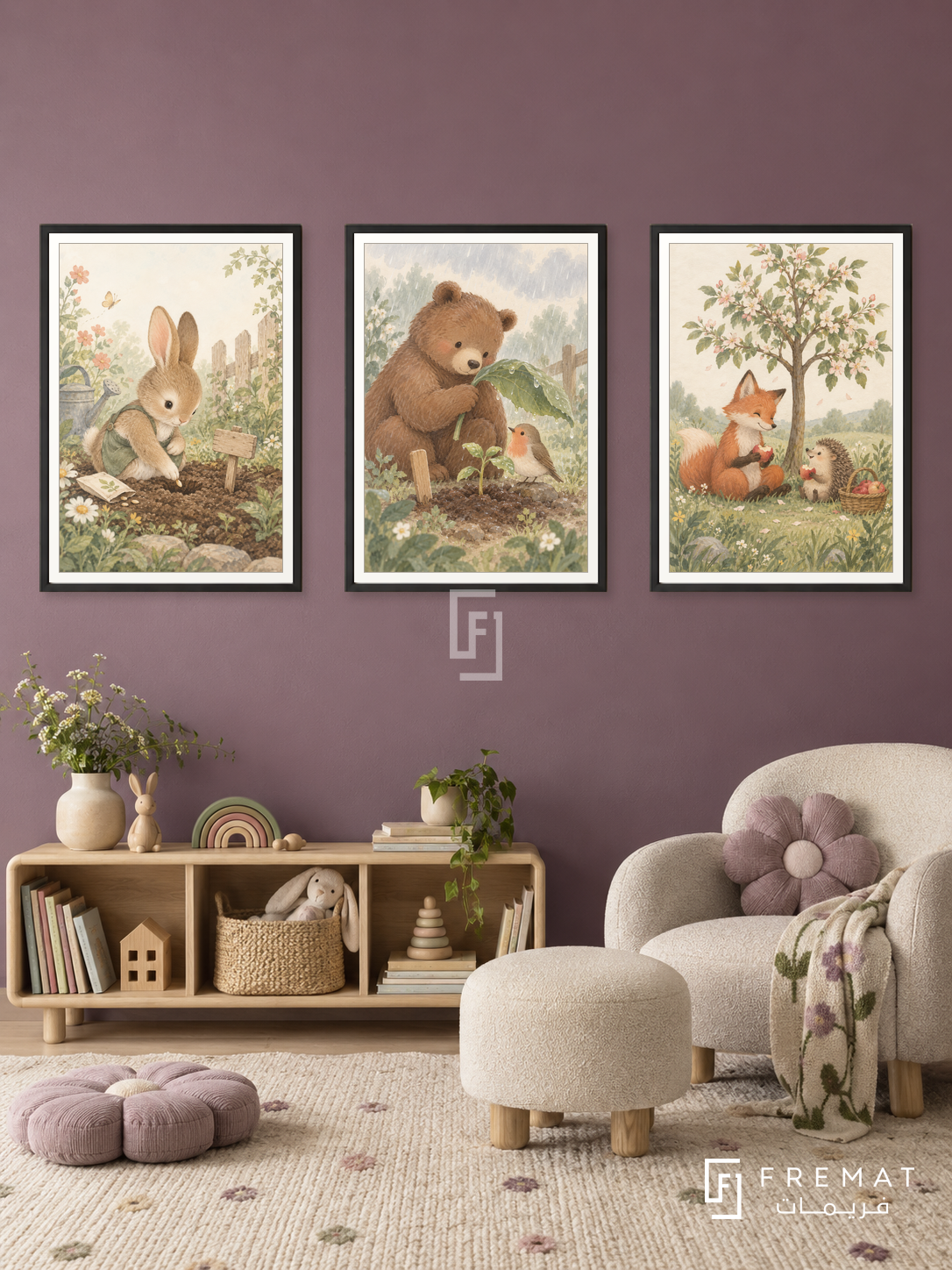 Friendship Garden — set of three complementary kids artworks in Black frames, shown at 50×70 cm each.