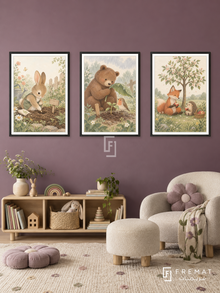 Friendship Garden — set of three complementary kids artworks in Black frames, shown at 50×70 cm each.