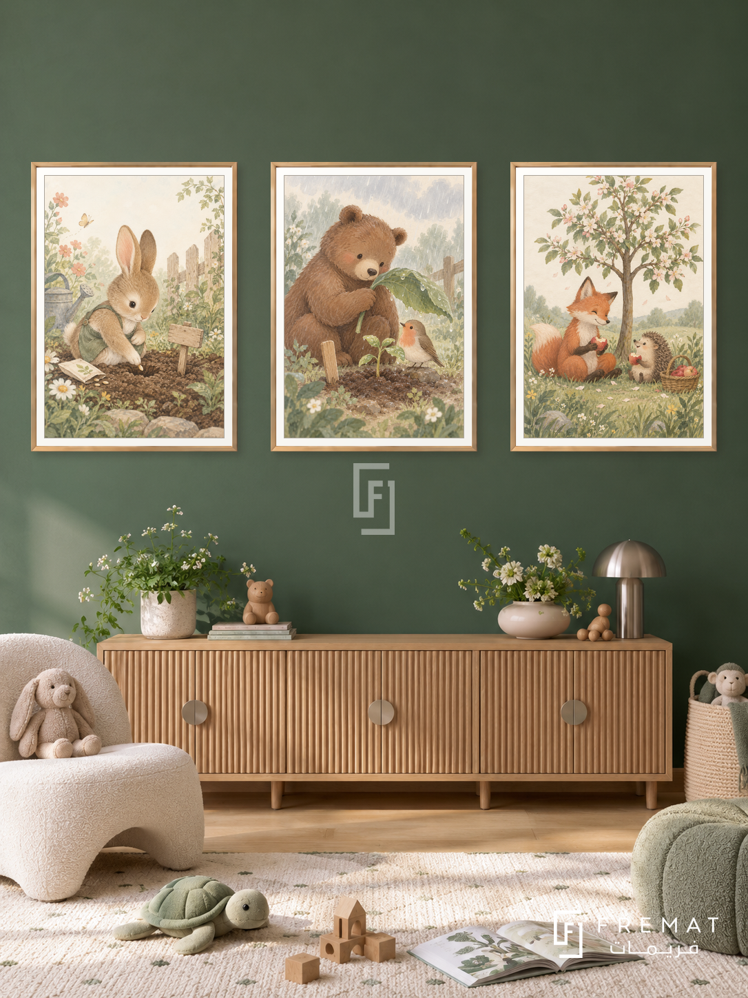 Friendship Garden — set of three complementary kids artworks in Gold frames, shown at 50×70 cm each.