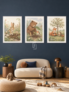 Friendship Garden — set of three complementary kids artworks in White frames, shown at 50×70 cm each.
