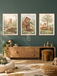 Friendship Garden — set of three complementary kids artworks in Wooden Texture frames, shown at 50×70 cm each.