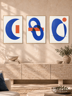 Cobalt Conversation — set of three complementary modern abstract artworks in Gold frames, shown at 50×70 cm each.
