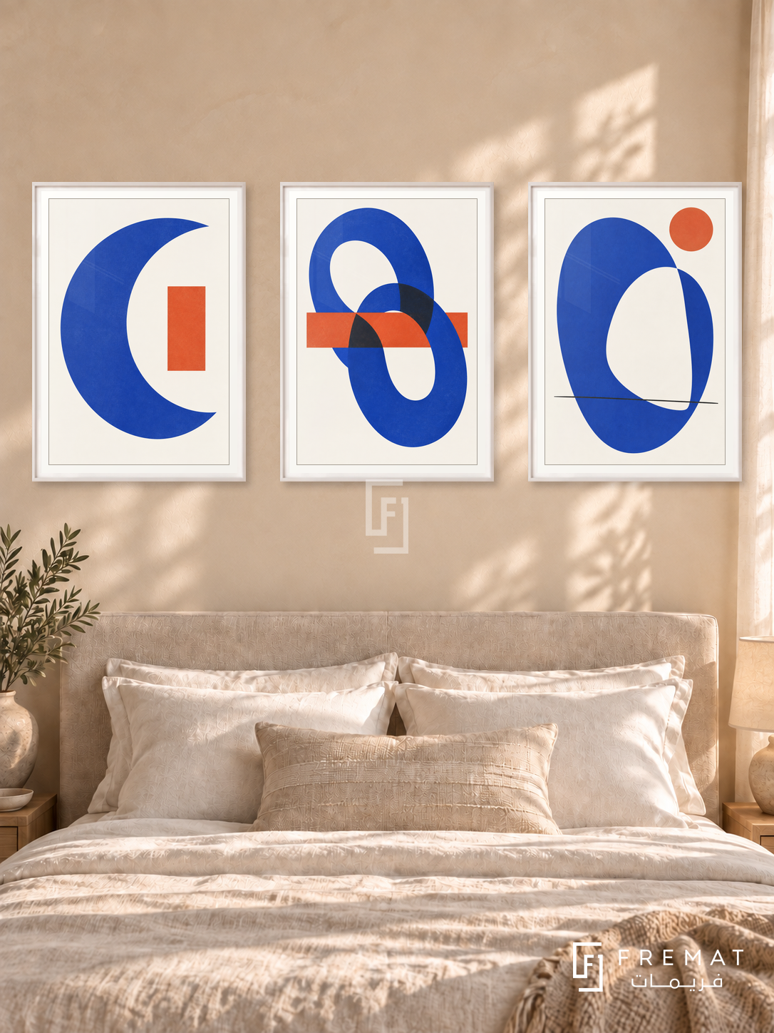 Cobalt Conversation — set of three complementary modern abstract artworks in White frames, shown at 50×70 cm each.