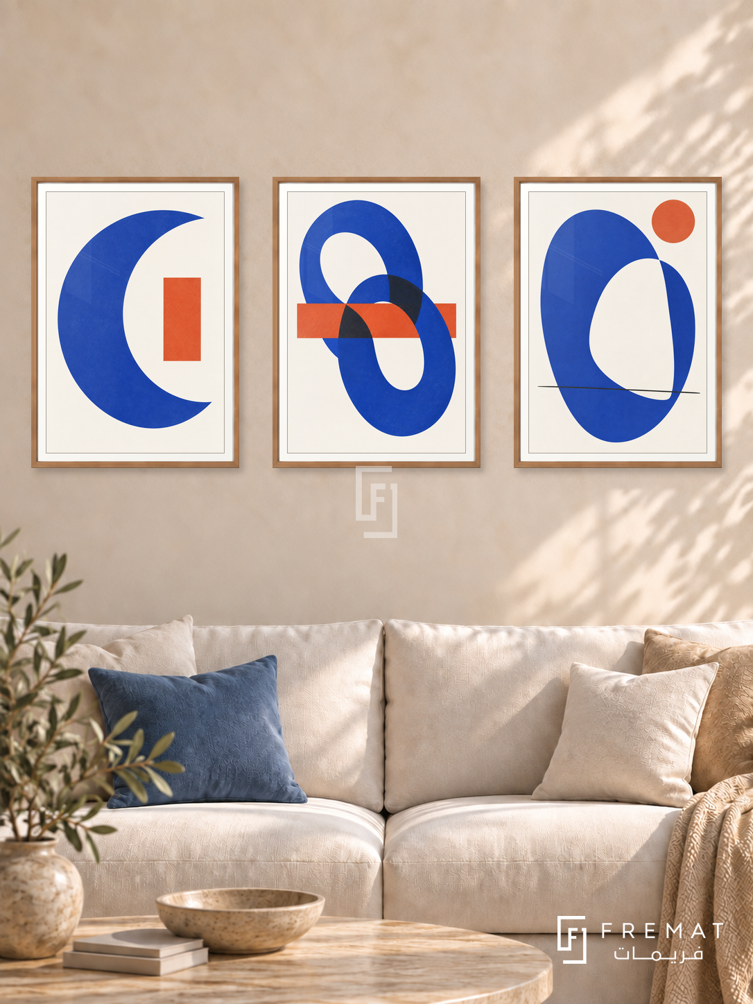 Cobalt Conversation — set of three complementary modern abstract artworks in Wooden Texture frames, shown at 50×70 cm each.