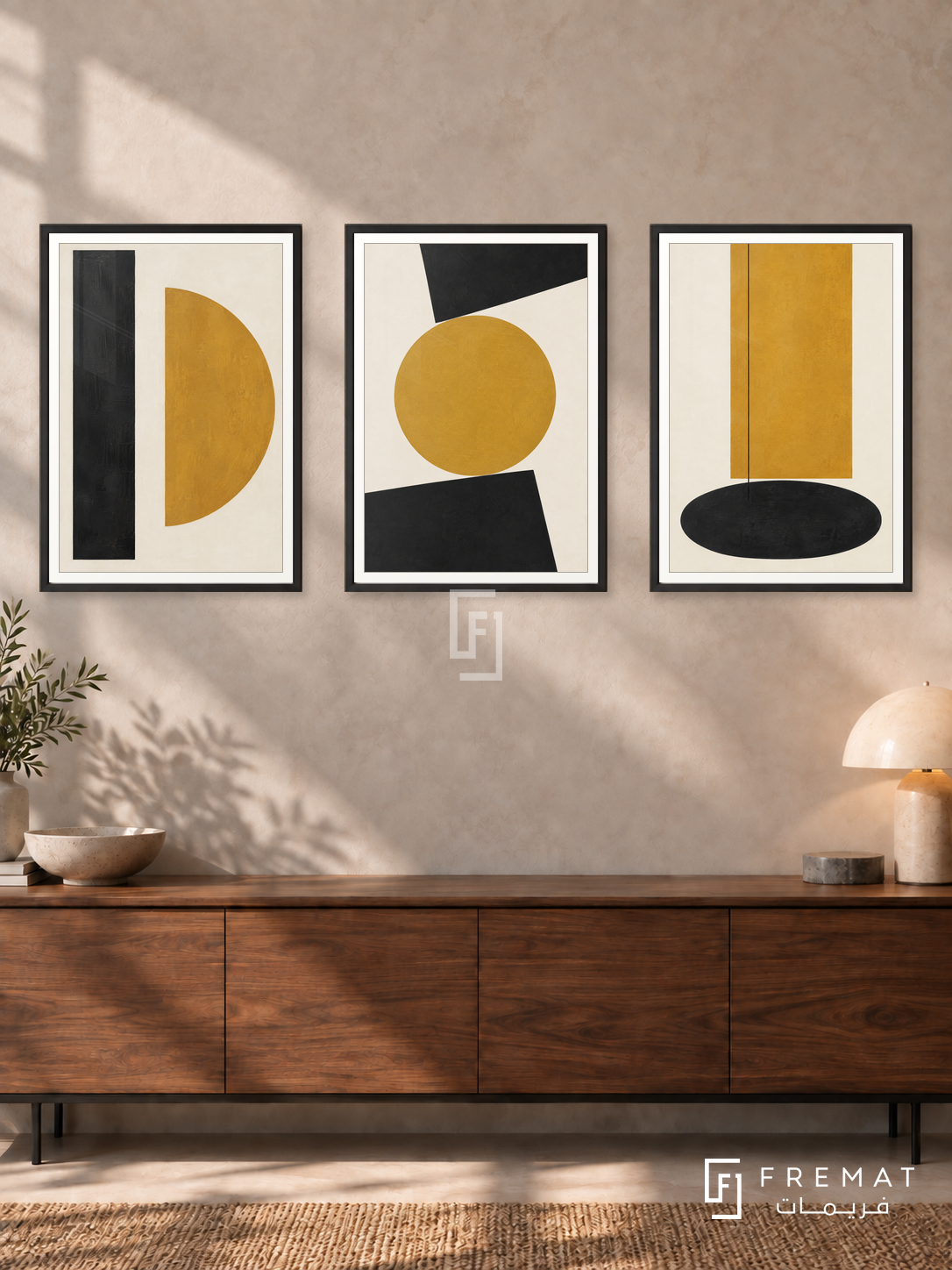 Ochre Equilibrium — set of three complementary modern abstract artworks in Black frames, shown at 50×70 cm each.