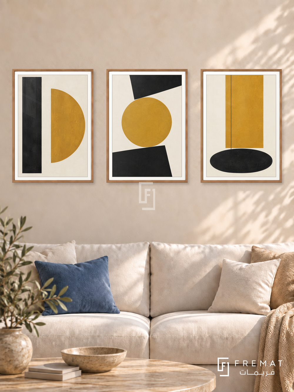 Ochre Equilibrium — set of three complementary modern abstract artworks in Wooden Texture frames, shown at 50×70 cm each.