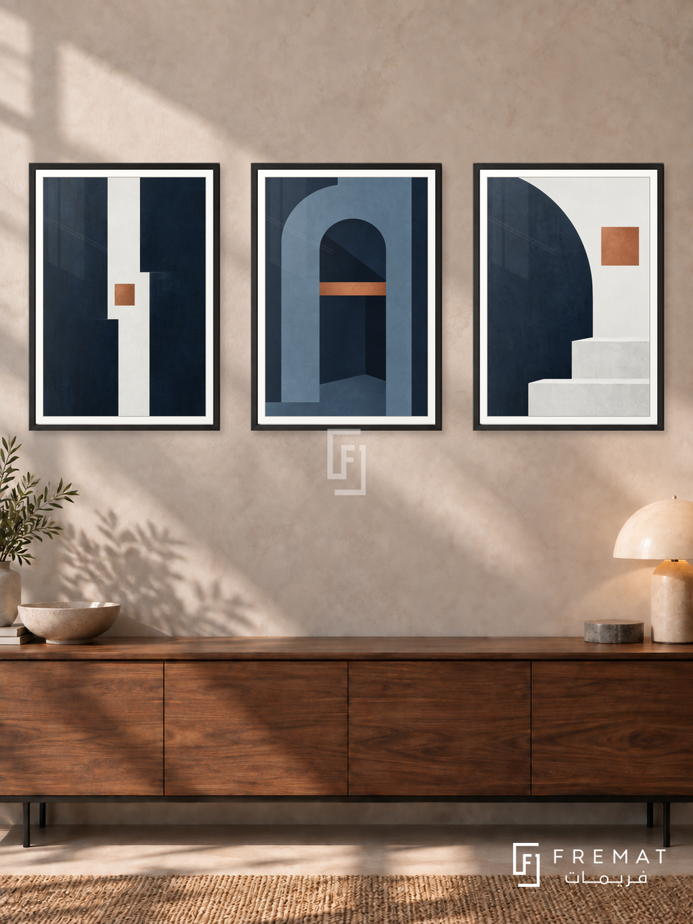Midnight Architecture — set of three complementary modern abstract artworks in Black frames, shown at 50×70 cm each.