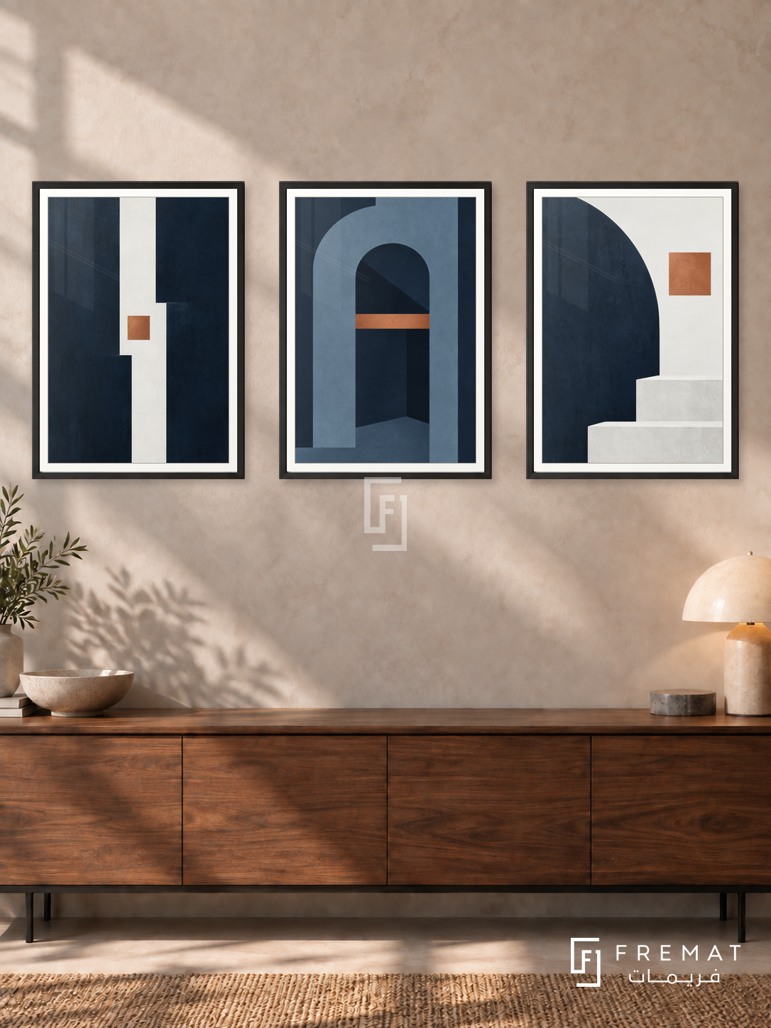 Midnight Architecture — set of three complementary modern abstract artworks in Black frames, shown at 50×70 cm each.