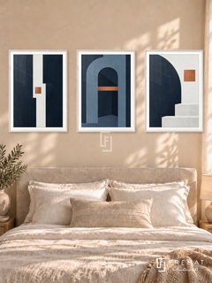 Midnight Architecture — set of three complementary modern abstract artworks in White frames, shown at 50×70 cm each.